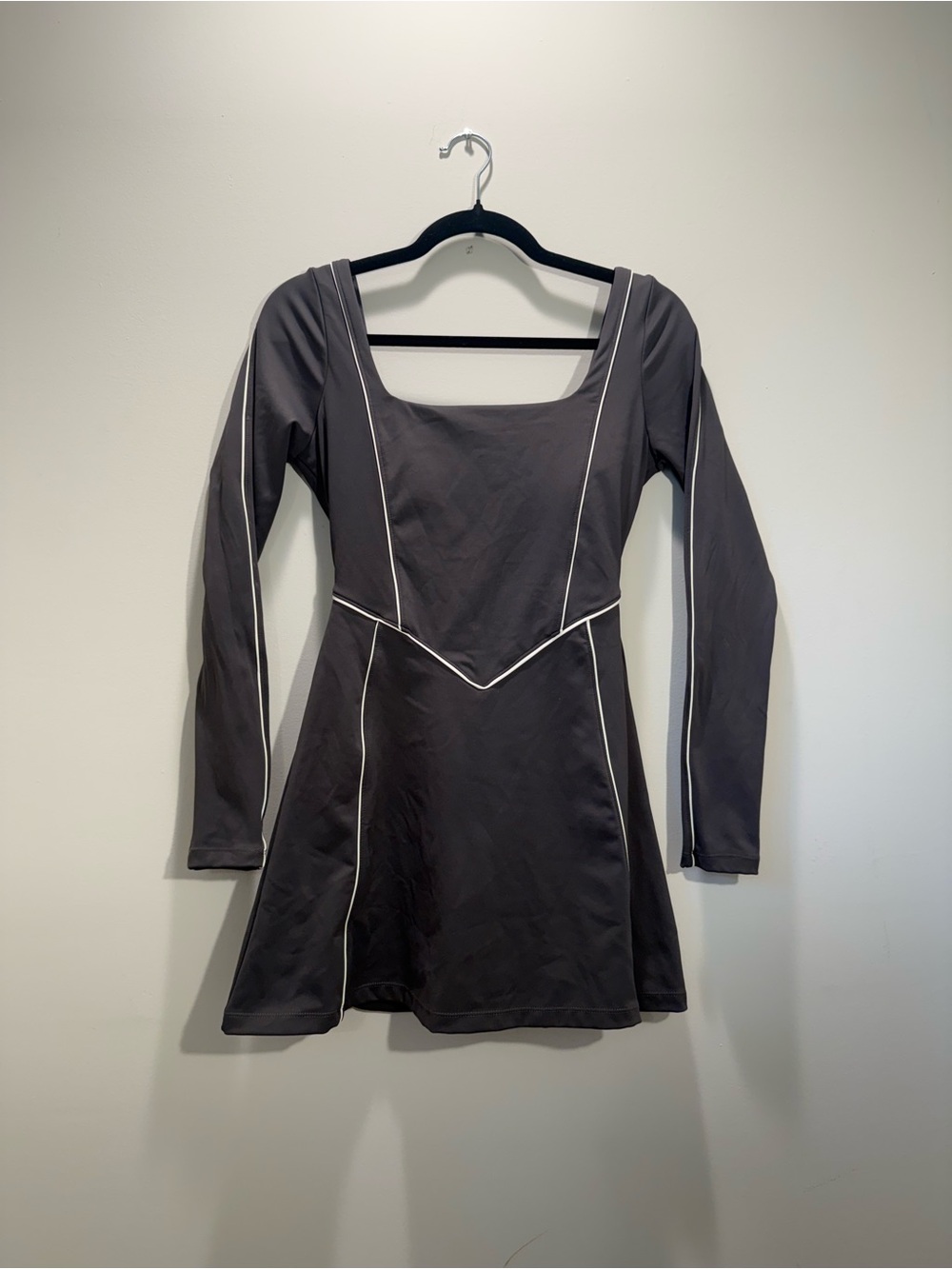 Square-Neck Long-Sleeve Fit & Flare Dress with Contrast Piping - Charcoal